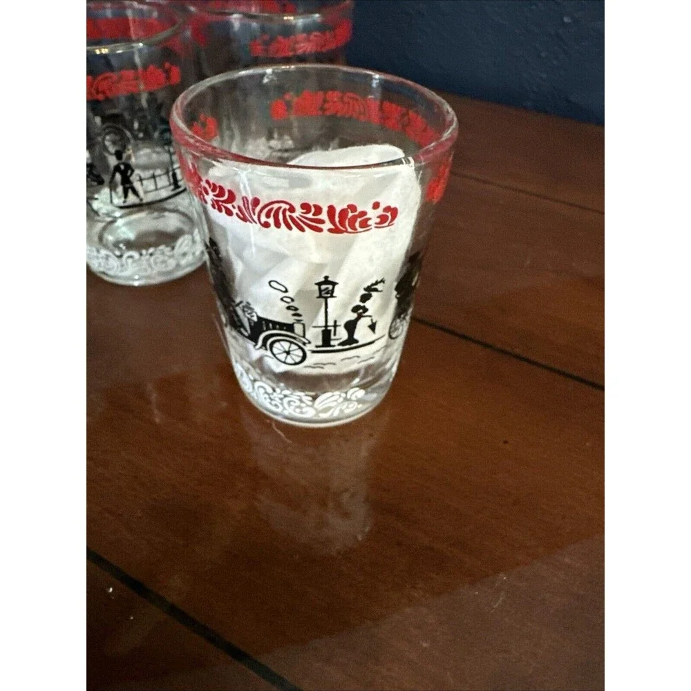 VTG MCM Hazel Atlas Set of 6 3oz Shot Glasses Horse & Buggy Auto